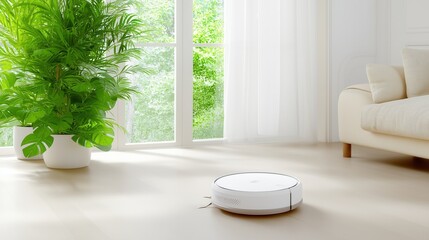 Fototapeta premium Modern robotic vacuum cleaner in a bright minimalist living room