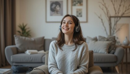 Obraz premium Relaxed Young Woman Listening to Music with Headphones at Home Comfortable Living Room Setting