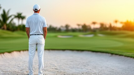 Golfer contemplating shot on sunlit desert golf course
