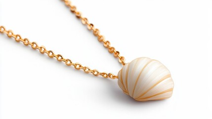 Concept of coastal relaxation with resort peace. A delicate gold necklace featuring a charming shell pendant with subtle orange stripes, perfect for beach lovers and nature enthusiasts.