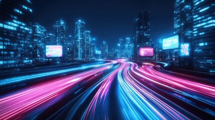 Fototapeta premium Futuristic cyberpunk cityscape with blue and pink light trails, portraying a sci-fi downtown scene at night with skyscrapers, highways, and billboards, depicted in a 3D illustration.