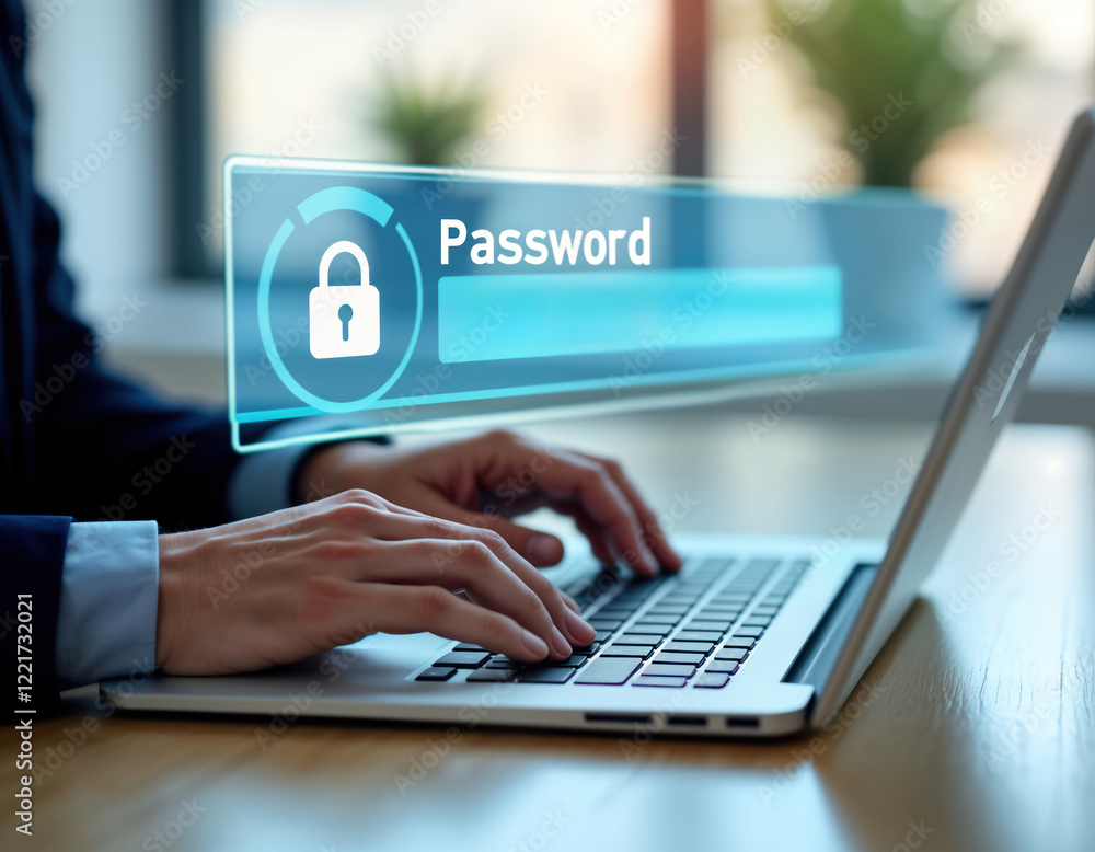 Poster business person types password on laptop in office. security code appears on screen. tech person usi