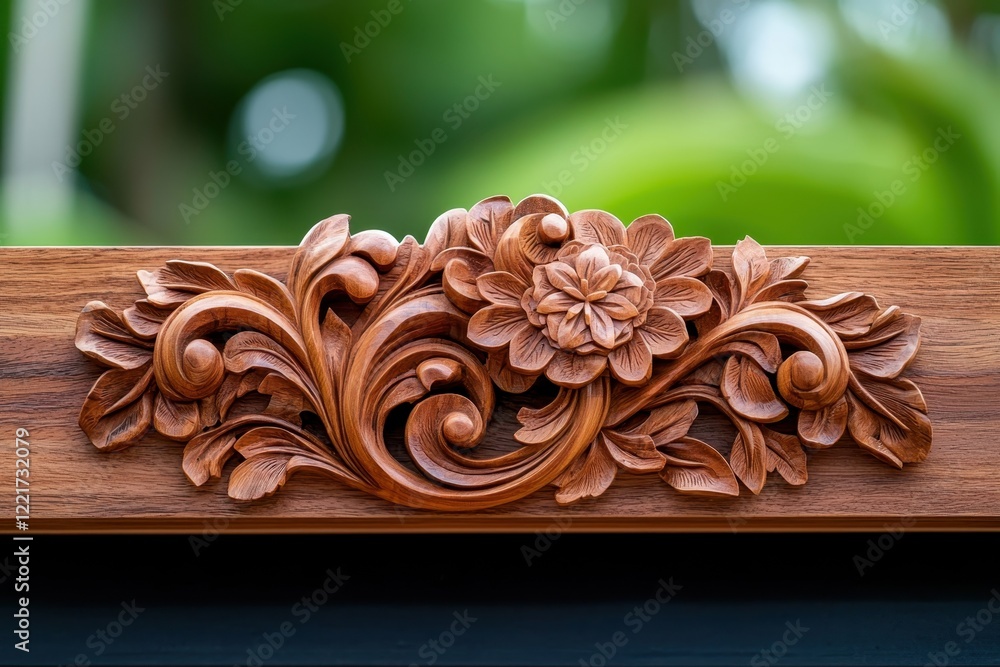 Wall mural Concept of coastal relaxation with resort peace. A beautifully carved wooden floral design featuring intricate details, showcasing craftsmanship in decorative woodwork.