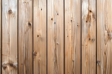 Naklejka premium Concept of coastal relaxation with resort peace. A close-up of wooden planks arranged vertically, showcasing a natural grain pattern and warm tones, ideal for rustic or natural-themed designs.