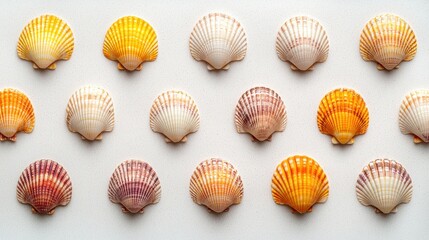 Concept of coastal relaxation with resort peace. A visually appealing arrangement of various colorful seashells displayed on a light background, showcasing their unique patterns and textures.
