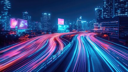 Futuristic cyberpunk cityscape with blue and pink light trails, portraying a sci-fi downtown scene at night with skyscrapers, highways, and billboards, depicted in a 3D illustration.