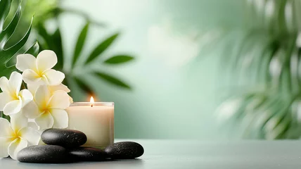 Papier peint photo autocollant Zen Serene spa setting with white plumeria blossoms, black stones, and a lit candle, creating a tranquil and relaxing atmosphere. Soft, natural light enhances the peaceful ambiance.  © Wanida