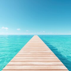 Obraz premium Concept of coastal relaxation with resort peace. A serene wooden pier stretches into bright turquoise waters under a clear sky, evoking tranquility and the beauty of nature.