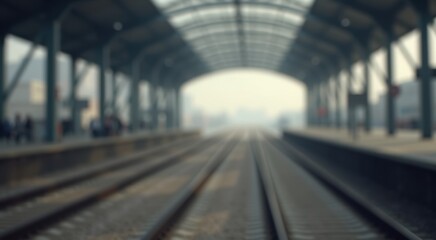 Fototapeta premium Blurry image of a train station with a train on the tracks