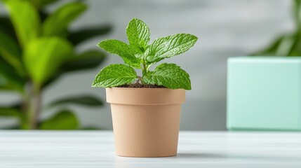 Fototapeta premium Fresh mint plant in terracotta pot on minimalistic background