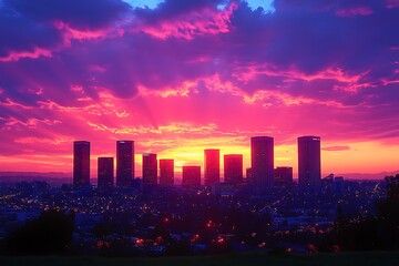 Vibrant Sunset Over City Skyline Buildings Glowing