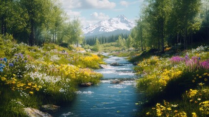 Obraz premium Mountain stream flows through vibrant wildflowers, sunny meadow, idyllic landscape, nature scene, tourism