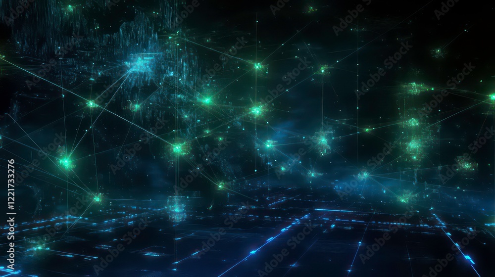 Poster a futuristic digital business theme with glowing network nodes connected by blue and green lines, se