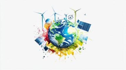 Colorful Earth, clean energy, windmills, solar panels, white background, sustainability concept