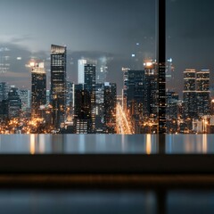 Abstract glowing city skyline from a balcony view.