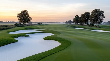Naklejka premium Tranquil golf course landscape at sunrise: sand bunkers and lush greens with misty backdrop