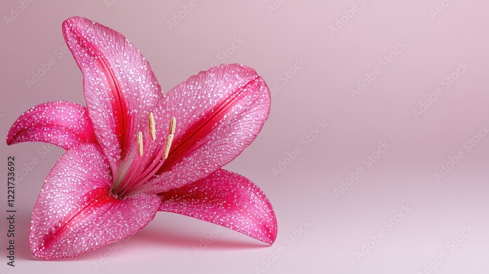 Poster pink lily flower on soft gradient background with dew drops for elegant nature display