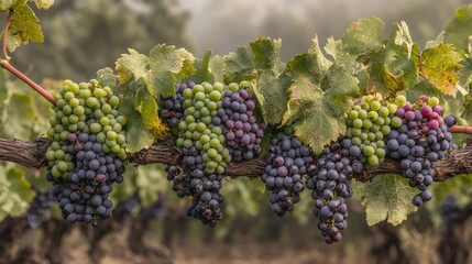 Vibrant vineyard with lush green and purple grapes in misty countryside