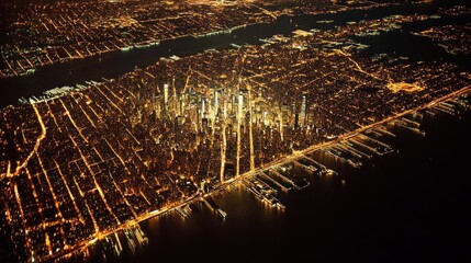 Aerial Night View Manhattan Skyline, City Lights, Rivers