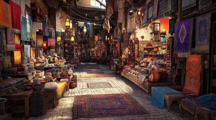 Obraz premium Sunlit Eastern Bazaar Alleyway, vibrant textiles, bustling marketplace, tourism
