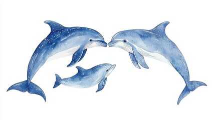 Fototapeta premium Playful dolphin trio watercolor artwork illustrates ocean life grace and joy