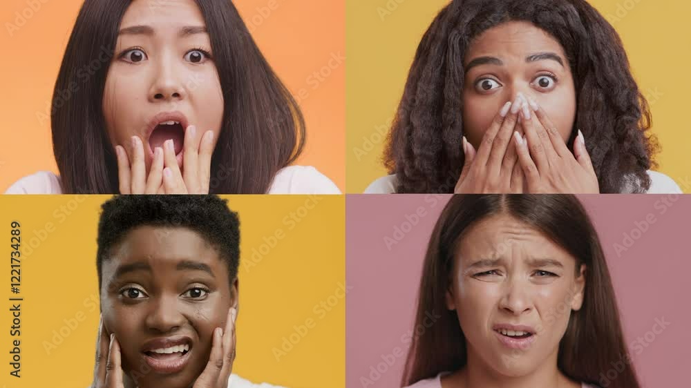 Poster a collage features four individuals from different backgrounds, each displaying strong emotions of s