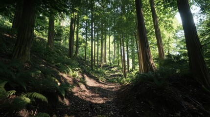 Obraz premium Sunlit forest path, uphill trail, dappled light, ferns, nature scene, tranquility, hiking
