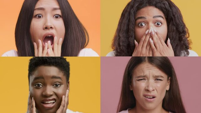 A collage features four individuals from different backgrounds, each displaying strong emotions of surprise and shock. Their expressions reveal varied reactions, emphasizing diversity.