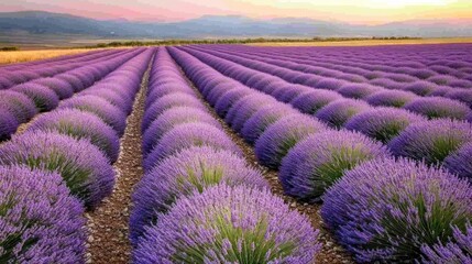 Obraz premium Sunrise Lavender Field Rows, Provence, France, Peaceful Landscape, Aromatherapy