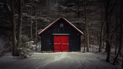 Red doors, black shed, winter woods, snow path, mystery