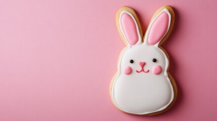 Fototapeta premium Easter-themed cookie shaped like a bunny with a pink background, perfect for holiday celebrations and dessert enthusiasts