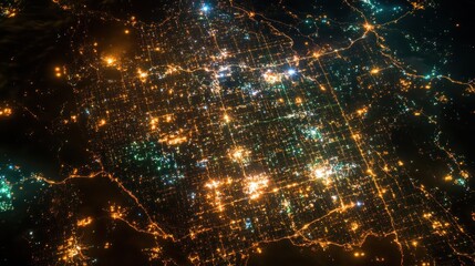Obraz premium Night city lights aerial view, urban sprawl, dark background, map