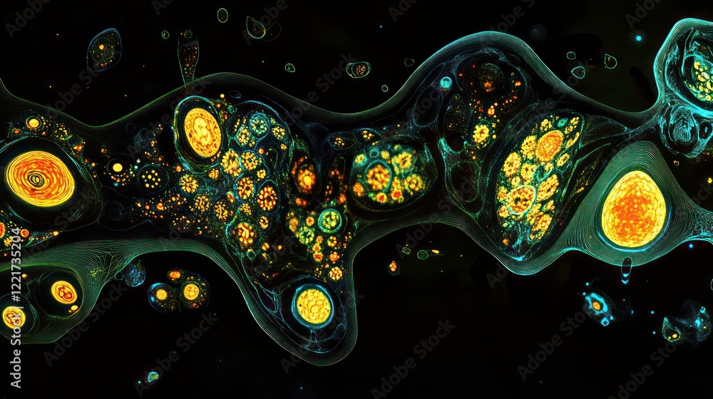 Poster a glowing abstract representation of a cellular organism in dark background