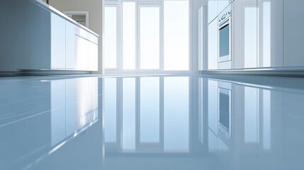 Obraz premium Bright Modern Kitchen Interior with Sleek Design and Reflective Floor