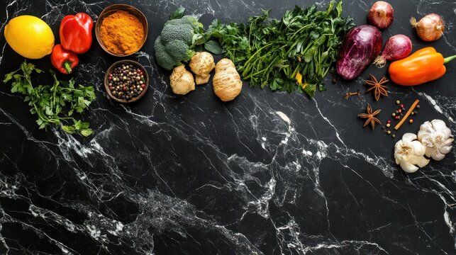 Vibrant herbs, spices, vegetables on dark marble; culinary background, recipe concept