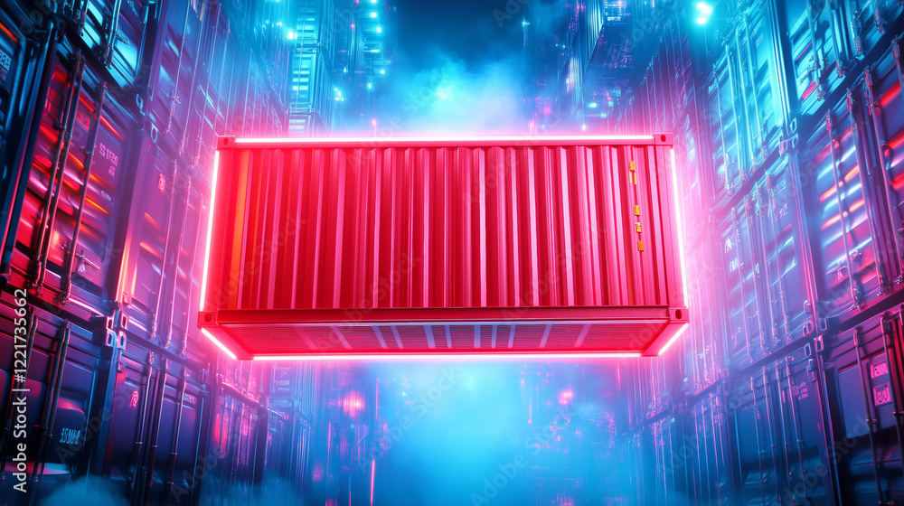 Aufkleber container illuminated with neon lights in a futuristic setting
