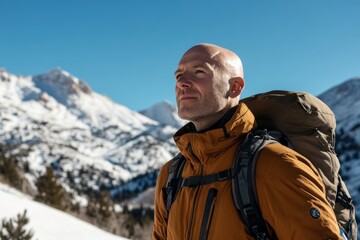 Bald man in rugged outdoor gear hiking through snowy mountain landscape
