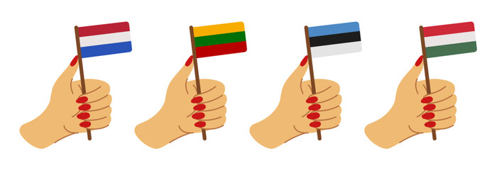 Vector set of hands holding tricolor flags. Netherlands, Lithuania, Estonia, Hungary