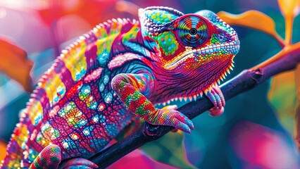 Obraz premium Vivid and Colorful Chameleon on a Branch: Nature’s Spectrum