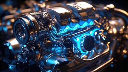 Futuristic metallic car engine with blue neon abstract