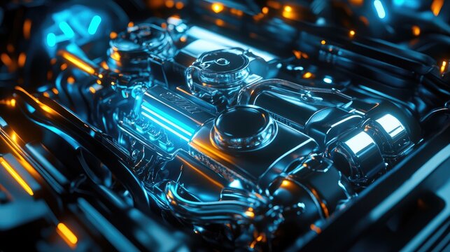 Futuristic metallic car engine with blue neon abstract