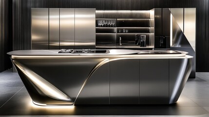 Futuristic modern kitchen with island, sleek cabinets, stainless steel refrigerator and luxury appliances