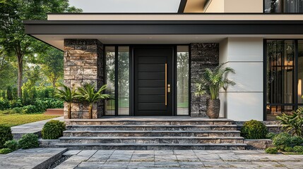 Obraz premium Modern House Entrance Design: Elegant Home Exterior with Stone Accents and Lush Greenery