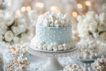 Fototapeta premium A delicate pastel blue and white theme featuring a marshmallow-decorated cake and airy decor elements