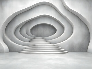 Obraz premium Abstract white stairs, curved walls, empty room, modern design, background