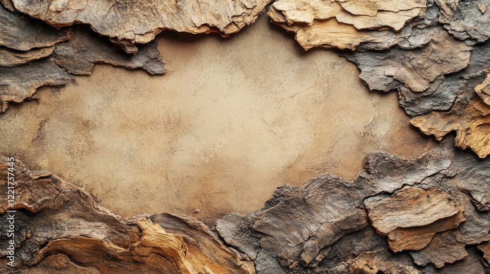 Poster tree bark frame encircles tan textured background