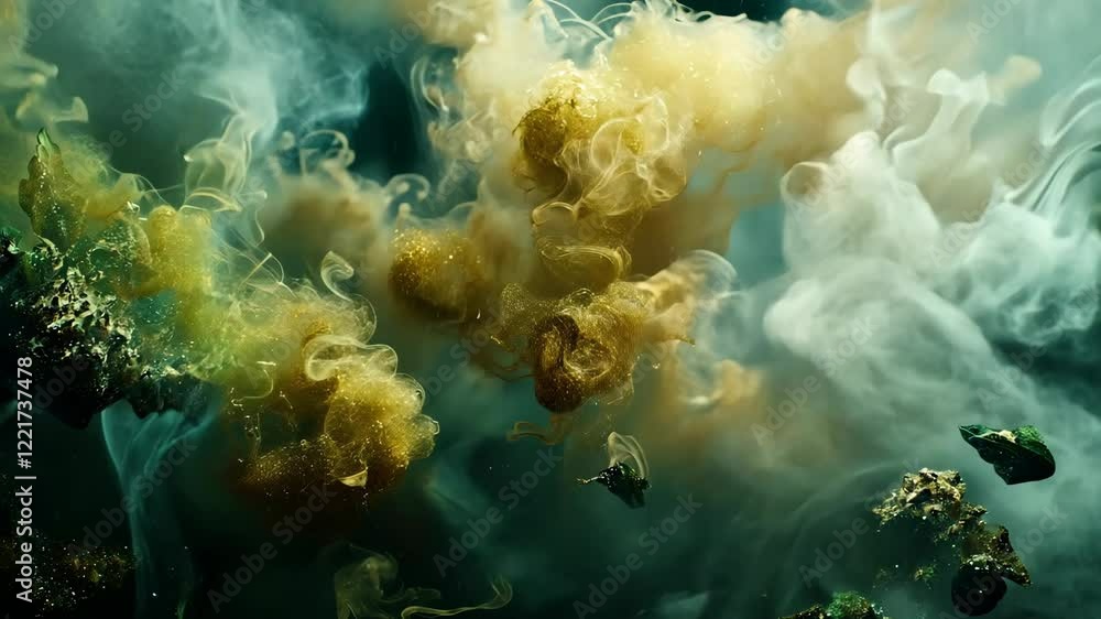 Poster swirling patterns of golden particles and smoke create an ethereal underwater scene with a sense of 