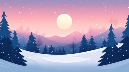 Naklejka premium Serene Winter Landscape with Snowy Trees and Soft Sunset Glow