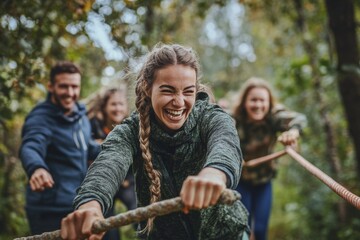 Energetic team building activity in nature with enthusiastic coworkers