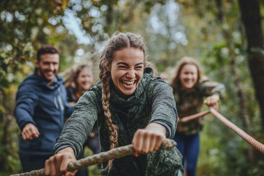 Energetic team building activity in nature with enthusiastic coworkers